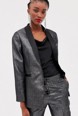 New Look - Blazer de smoking en satin - Argenté